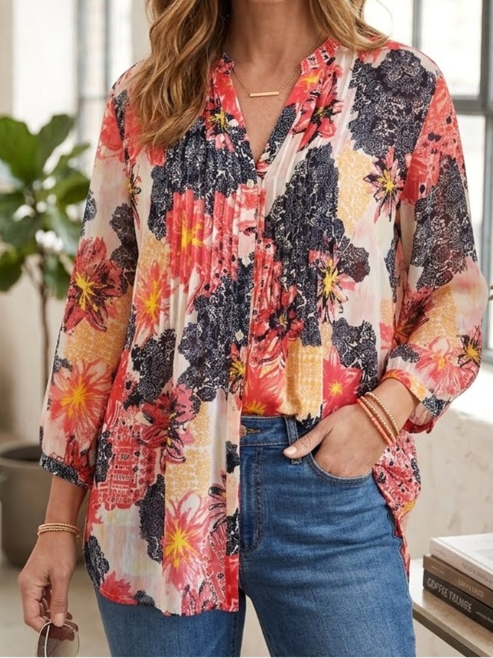 Charter Club Blouse Button-up Multi Floral Pintuck Sheer XL boho flowy peasant